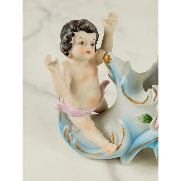 Putti Cherub Shoe Cart Porcelain Bisque 4" Figurine Blue Pink Home Decor x2 - Picture 4 of 16